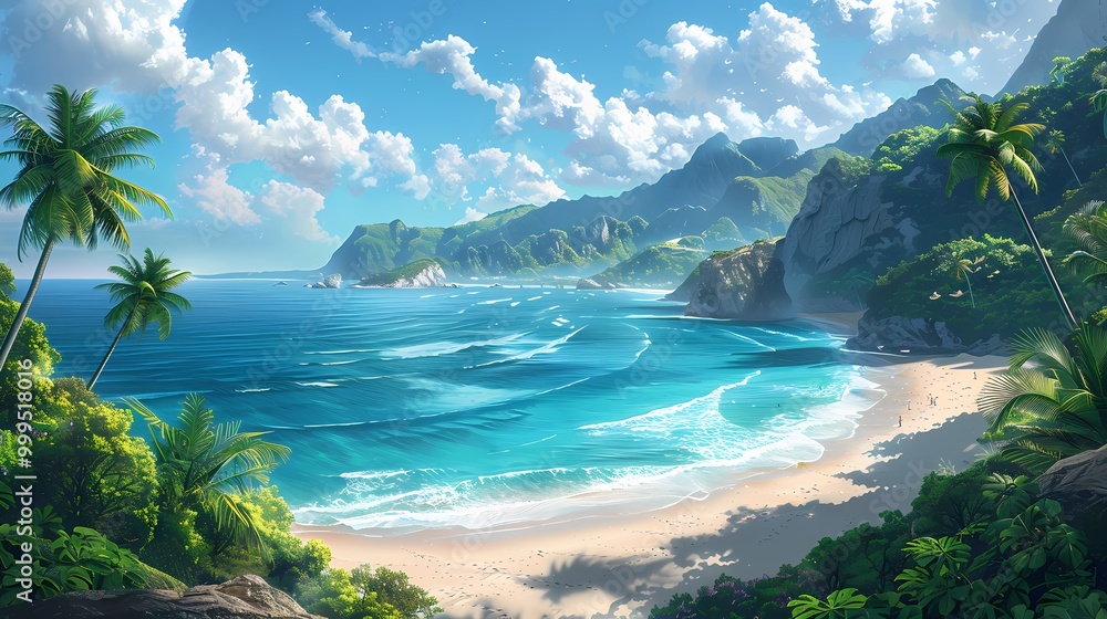 Fototapeta premium Tropical Beach Paradise with Palm Trees and Crystal Clear Water