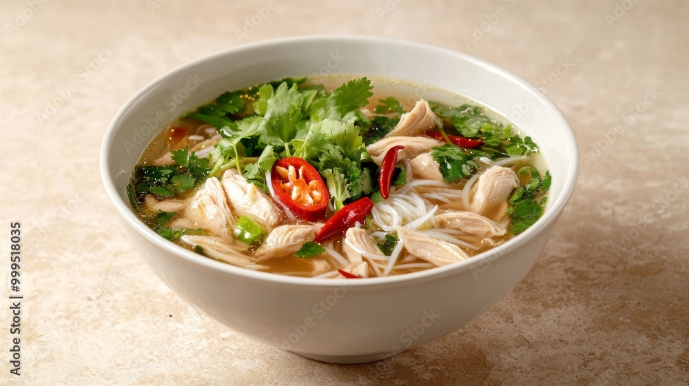 Bowl of vietnamese chicken rice noodle soup or Pho Ga horizontal shot on a beige stone background middle close up Bowl of vietnamese chicken rice noodle soup or Pho Ga horizontal shot on a beige stone background middle close up