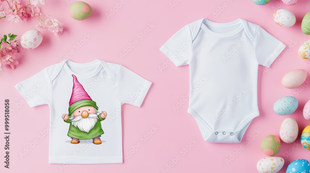 Easter mom and kids mockup white t-shirt and baby bodysuit onesie with gnome and easter eggs on pink pastel background. Flatlay top view copyspace. Easter mom and kids mockup white t-shirt and baby bodysuit onesie with gnome and easter eggs on pink pastel background. Flatlay top view copyspace.