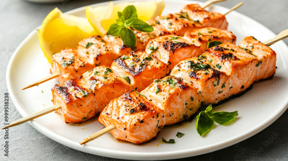 Grilled salmon skewers served with lemon wedges and fresh herbs, showcasing a delicious and healthy dish perfect for any meal. Grilled salmon skewers served with lemon wedges and fresh herbs, showcasing a delicious and healthy dish perfect for any meal.