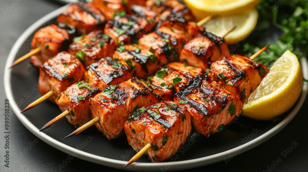 Delicious salmon skewers grilled to perfection, garnished with fresh herbs and lemon slices, ideal for a savory meal. Delicious salmon skewers grilled to perfection, garnished with fresh herbs and lemon slices, ideal for a savory meal.