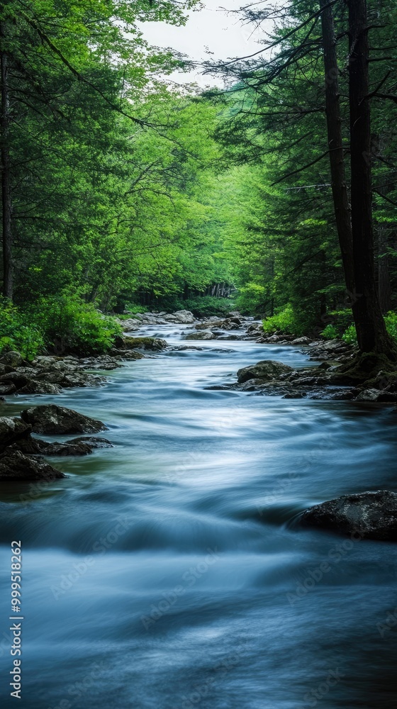 Serene Forest Stream Flowing Through Lush Greenery in a Tranquil Woodland Setting Serene Forest Stream Flowing Through Lush Greenery in a Tranquil Woodland Setting