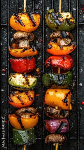 Grilled Vegetable Skewers on Barbecue Grill with Colorful Bell Peppers, Mushrooms, and Zucchini