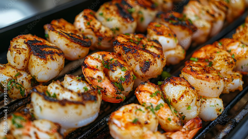 Grilled shrimp skewers seasoned to perfection, showcasing a delicious seafood dish ideal for barbecues and outdoor gatherings. Grilled shrimp skewers seasoned to perfection, showcasing a delicious seafood dish ideal for barbecues and outdoor gatherings.