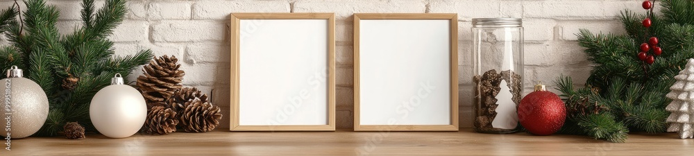 Mockup of Small Frame Centered on Cabin Table with Christmas Decorations Mockup of Small Frame Centered on Cabin Table with Christmas Decorations