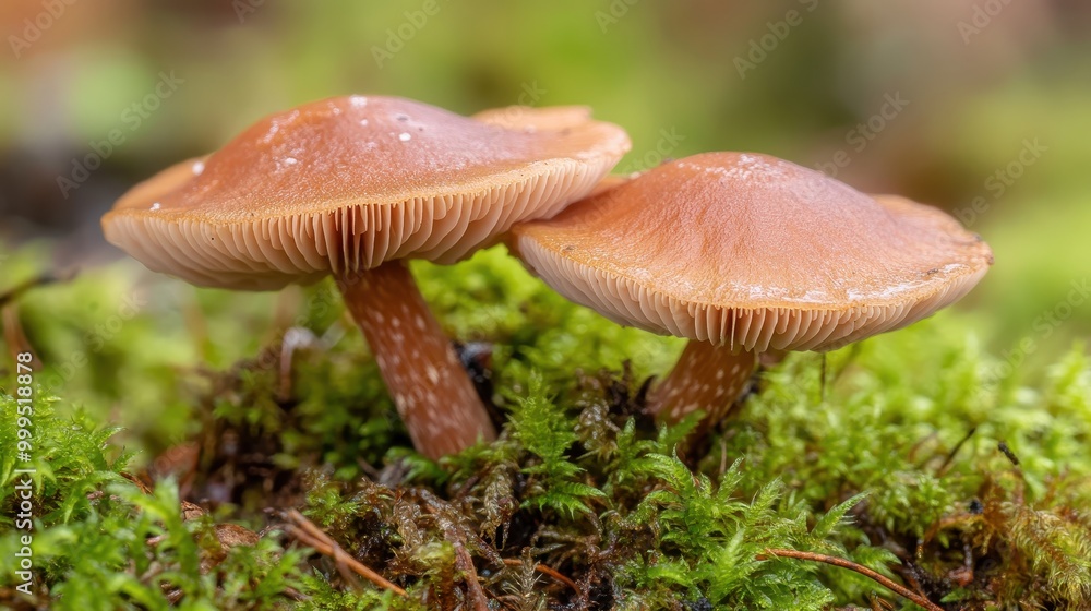Close-Up of Two Brown Mushrooms Growing on Mossy Forest Floor with Dew Drops Close-Up of Two Brown Mushrooms Growing on Mossy Forest Floor with Dew Drops
