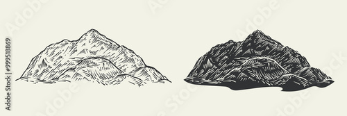 Hand drawn sketching mountain in retro vintage style. Set monochrome silhouettes rock landscape for print, branding. Vector illustration.