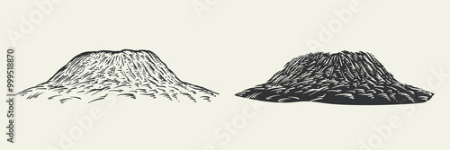 Hand drawn sketching mountain in retro vintage style. Set monochrome silhouettes rock landscape for print, branding. Vector illustration.