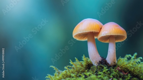 Close-Up of Two Orange Mushrooms Growing on Mossy Ground with a Soft Blue Background