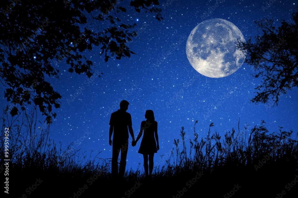 Silhouettes of Lovers Under a Starry Night Silhouettes of Lovers Under a Starry Night