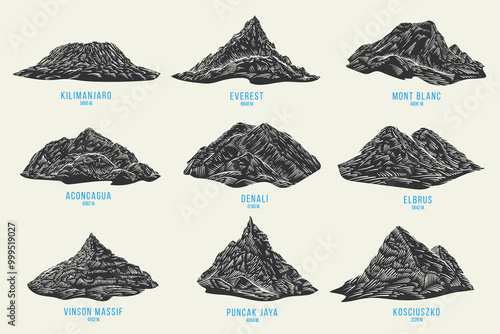 Set of mountain peaks in hand drawn monochrome style. Kilimanjaro, everest, mont blanc, aconcagua, denali, elbrus, vinson massif, puncak jaya, kosciuszko. Vector silhouettes terrain landscapes.