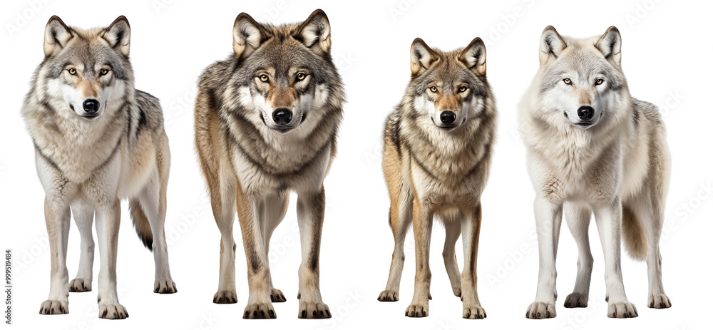 Fototapeta premium A group of four wolves standing side by side, showcasing their unique features and expressions against a white isolated background.