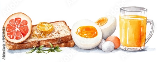 Wallpaper Mural Watercolor illustration of a vibrant breakfast spread featuring pancakes, fruits, and coffee, showcasing colorful textures and appetizing details. Torontodigital.ca