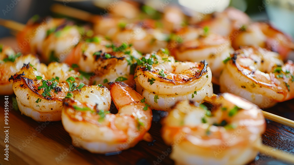 Grilled shrimp skewers garnished with herbs, showcasing a delicious seafood dish perfect for barbecues and gatherings. Grilled shrimp skewers garnished with herbs, showcasing a delicious seafood dish perfect for barbecues and gatherings.