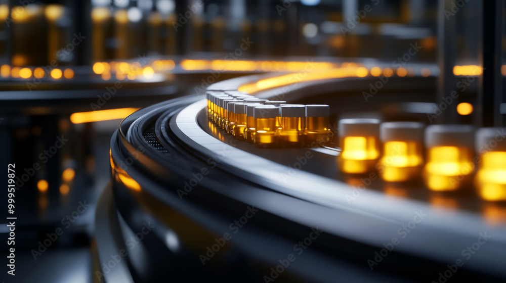 A close-up view of illuminated bottles on a conveyor belt in a modern industrial setting, emphasizing technology and production. A close-up view of illuminated bottles on a conveyor belt in a modern industrial setting, emphasizing technology and production.