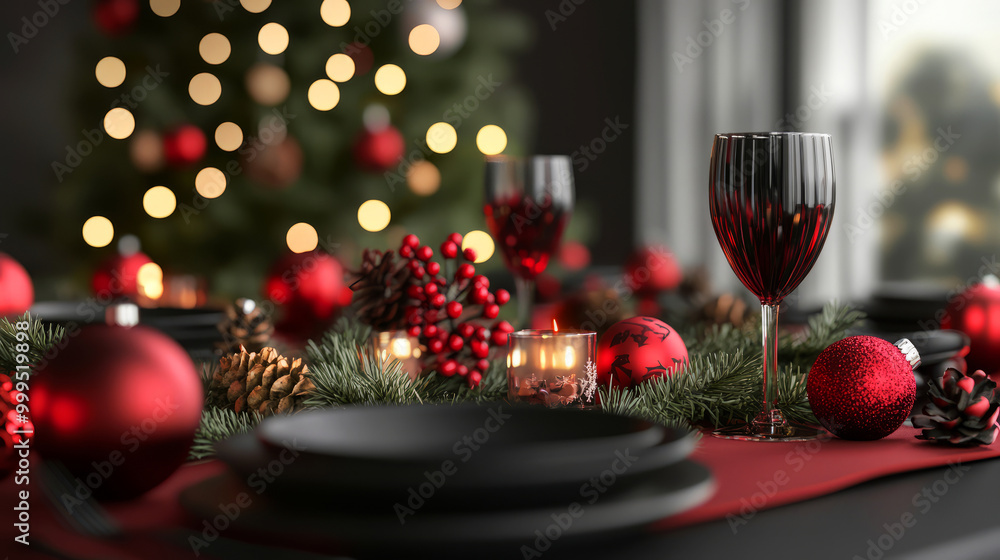 A festive dining table adorned with red ornaments and glasses, set against a beautifully lit Christmas tree in the background. A festive dining table adorned with red ornaments and glasses, set against a beautifully lit Christmas tree in the background.