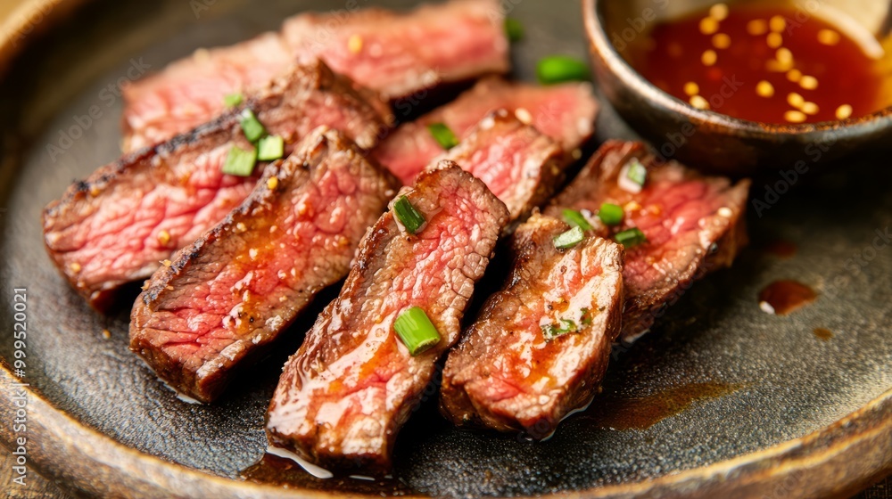 Juicy slices of grilled steak garnished with green onions, served with a flavorful dipping sauce on a dark plate. Juicy slices of grilled steak garnished with green onions, served with a flavorful dipping sauce on a dark plate.