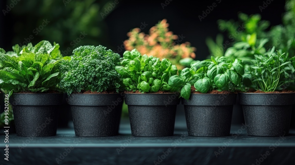 Fresh herbs in pots arranged on a dark surface for culinary use. Fresh herbs in pots arranged on a dark surface for culinary use.
