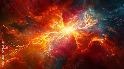 Abstract electric currents striking through a blazing firestorm, surrounded by swirling heatwaves and vibrant light bursts