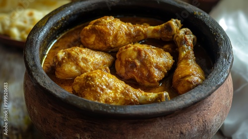 Chicken curry or masala or country chicken kuzhambu Tamilnadu style  chicken curry using fried coconut oil in traditional way and served in a mud pot. Main dish for rice chapati and paratha. photo