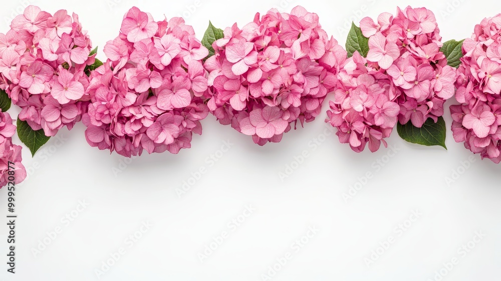 Floral layout of pink hydrangea flowers isolated on a white background. Top view flat lay bottom border. Festive floral background Floral layout of pink hydrangea flowers isolated on a white background. Top view flat lay bottom border. Festive floral background