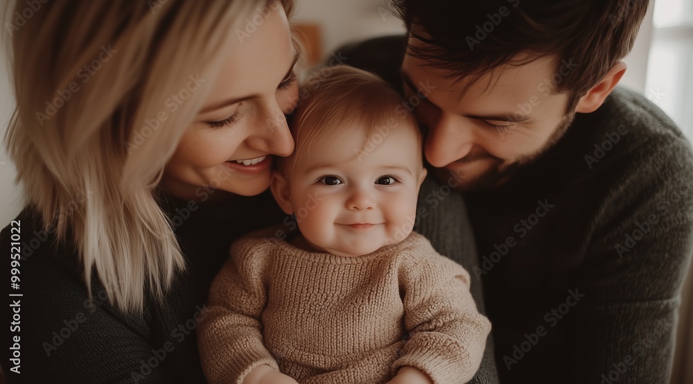 Happy Young Family Hugging Their Baby Girl in Cozy Home Setting with Soft Lighting and Warm Colors Happy Young Family Hugging Their Baby Girl in Cozy Home Setting with Soft Lighting and Warm Colors
