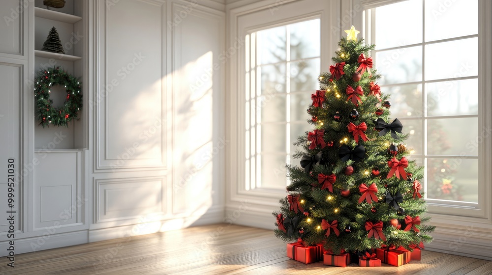 Beautifully Decorated Christmas Tree with Red and Black Bows in a Sunlit Living Room Beautifully Decorated Christmas Tree with Red and Black Bows in a Sunlit Living Room