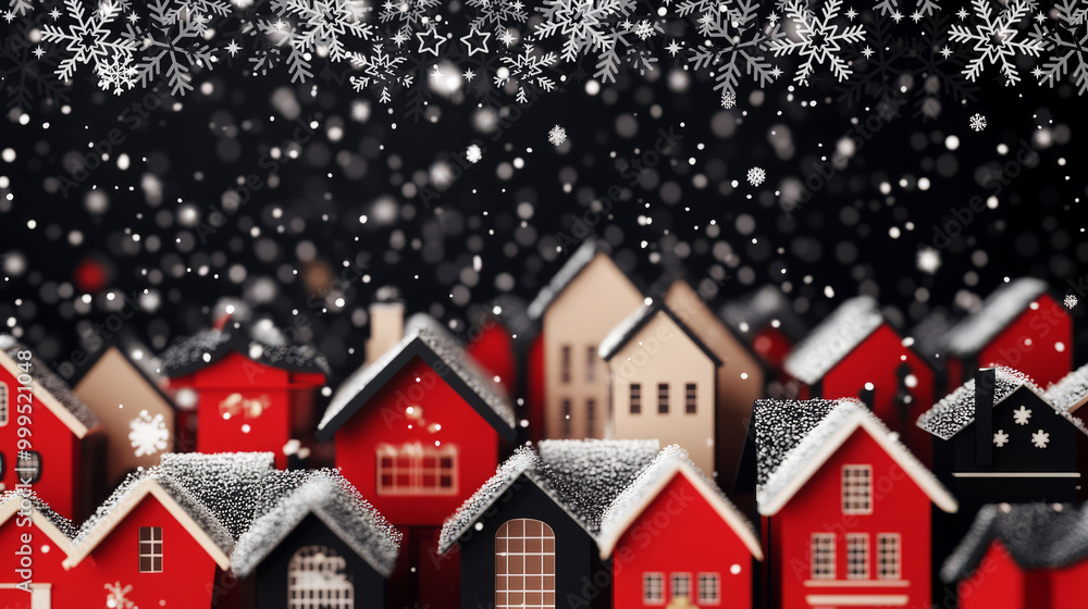 A festive scene depicting red houses dusted with snow, set against a dark background with snowflakes gently falling. A festive scene depicting red houses dusted with snow, set against a dark background with snowflakes gently falling.