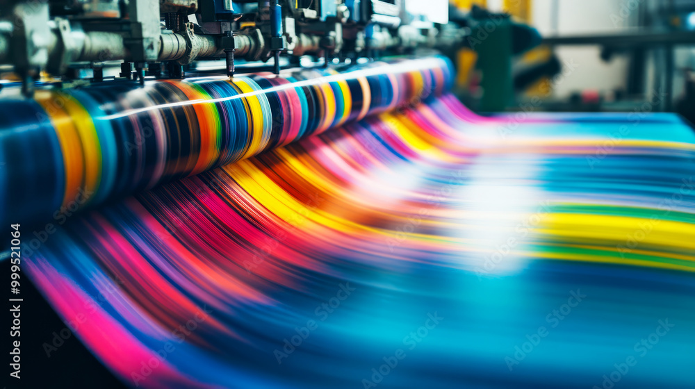 A vibrant printing press in motion, showcasing a colorful roll of printed material being produced. A vibrant printing press in motion, showcasing a colorful roll of printed material being produced.