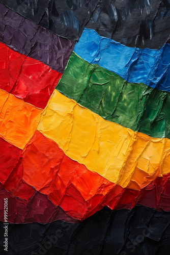 A close up of a rainbow colored painting on a black background