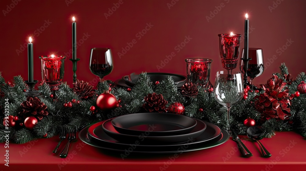 Elegant Christmas Table Setting with Black Plates, Red Candles, and Festive Greenery on a Red Background Elegant Christmas Table Setting with Black Plates, Red Candles, and Festive Greenery on a Red Background