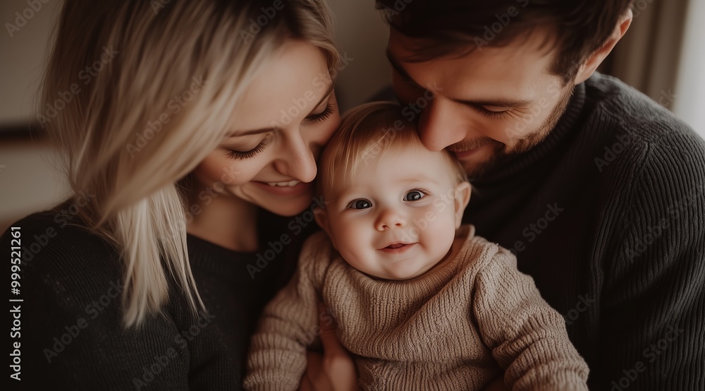 Happy Young Family Hugging Their Baby Girl in Cozy Home Setting with Soft Lighting and Warm Colors Happy Young Family Hugging Their Baby Girl in Cozy Home Setting with Soft Lighting and Warm Colors