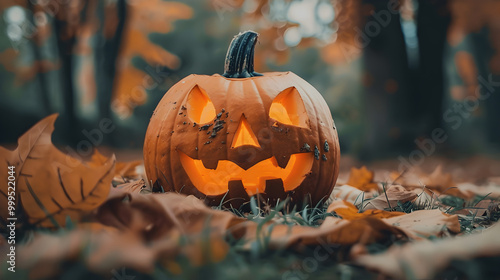 A spooky jack-o-lantern with a carved face sits in a garden