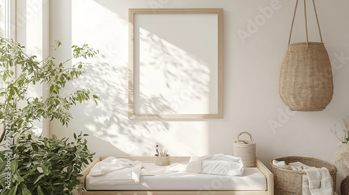 Minimalist Living Room Mockup with Wooden Frame  Wicker Baskets  and Plants