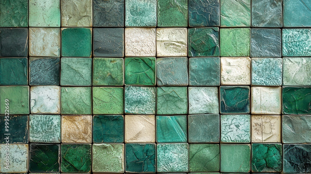 A mosaic of geometric tiles in various shades of green and blue, creating a Mediterranean vibe