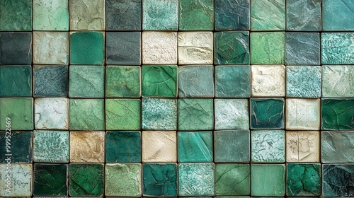 Obraz na płótnie A mosaic of geometric tiles in various shades of green and blue, creating a Mediterranean vibe w salonie