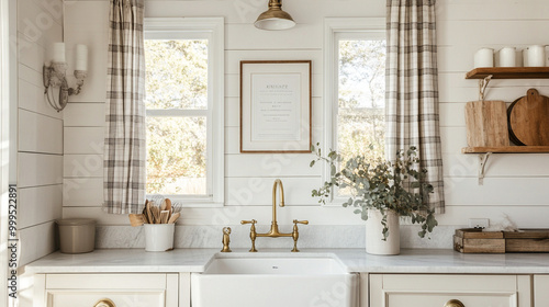 Farmhouse Kitchen Sink with White Cabinets  Gold Faucet and Plaid Curtains