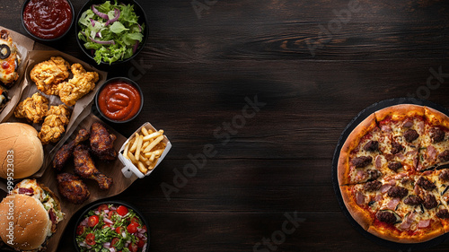 Delicious spread of pizza, fried chicken, salads, and sides on a wooden table setting for friends