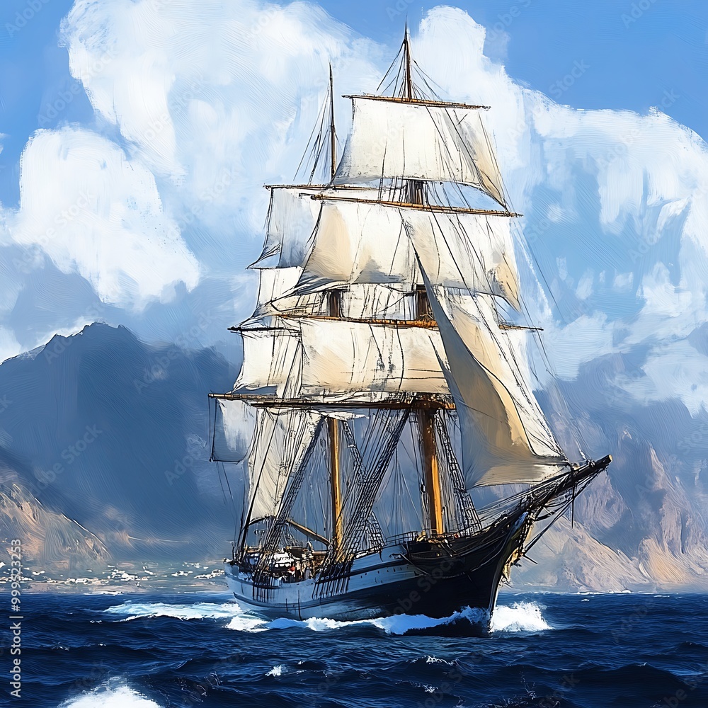 Sailing Ship in the Ocean, Artistic Painting of Seafaring Adventure.