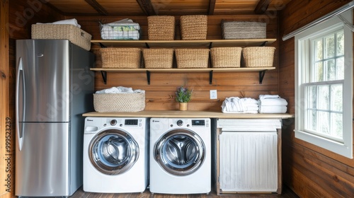 A tidy laundry room featuring a washer dryer refrigerator and storage baskets on wall shelves with an inviting wooden interior. photo