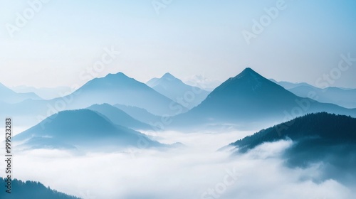 A mountain range veiled in fog, with only the highest peaks visible above the clouds, creating a mystical, otherworldly scene