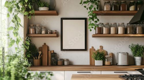Modern Kitchen Interior Design with Wooden Shelves  Plants  and Blank Frame