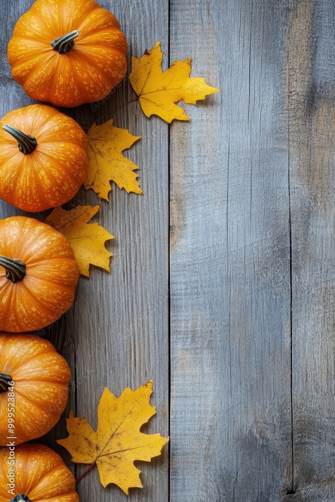 Vibrant Pumpkins and Maple Leaves on Rustic Wood Vibrant Pumpkins and Maple Leaves on Rustic Wood