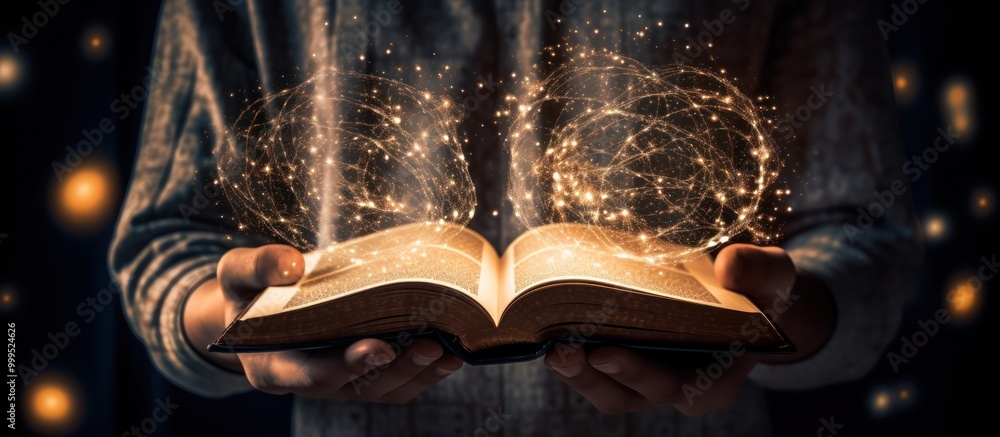 Obraz premium Magic Book Unfolding with Glowing Spheres