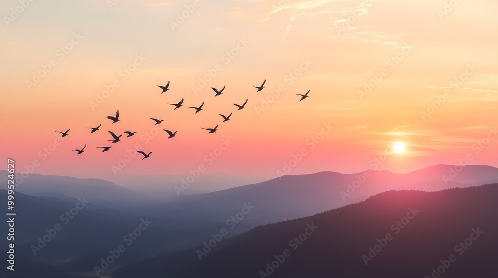 Silhouette flock of birds flying over the valley on sunbeam twilight sky at sunset.Birds flying.The freedom of birds in naturefreedom concept. Silhouette flock of birds flying over the valley on sunbeam twilight sky at sunset.Birds flying.The freedom of birds in naturefreedom concept.