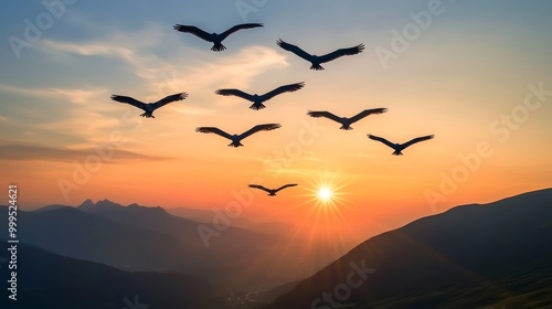 Silhouette flock of birds flying over the valley on sunbeam twilight sky at sunset.Birds flying.The freedom of birds in naturefreedom concept. photo