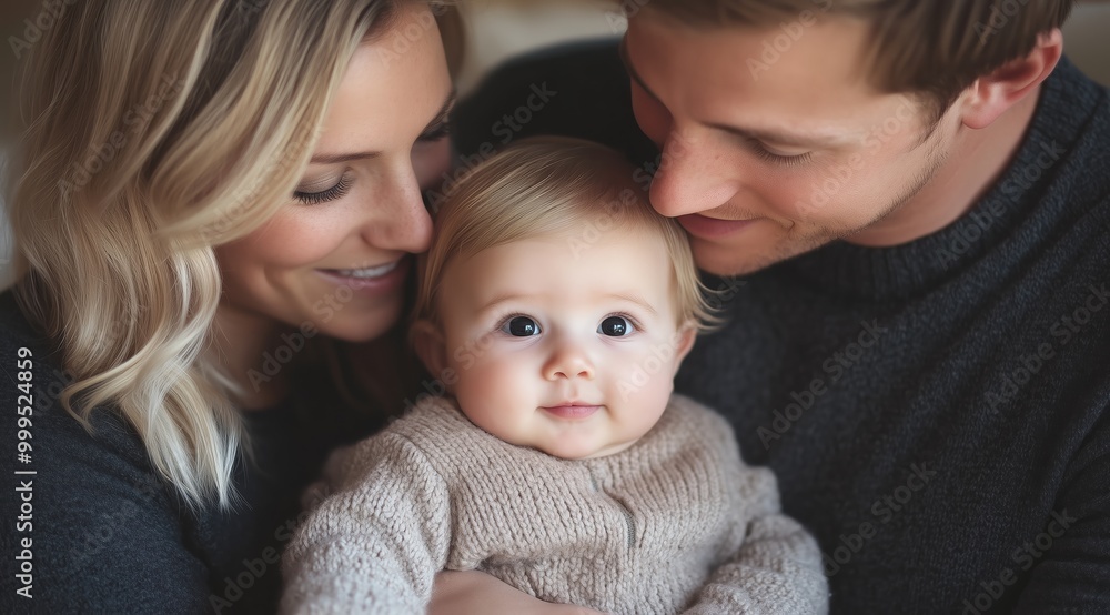 Happy Young Family Hugging Their Baby Girl in Cozy Home Setting with Soft Lighting and Warm Colors Happy Young Family Hugging Their Baby Girl in Cozy Home Setting with Soft Lighting and Warm Colors