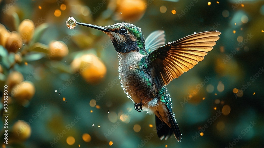 Naklejka premium Flying bird with water droplet on its beak, against orange tree backdrop