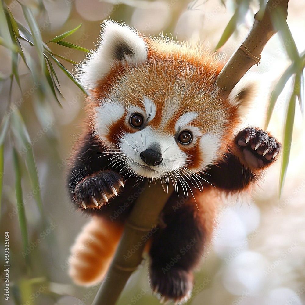 Naklejka premium Red panda on tree branch with blurred leafy background