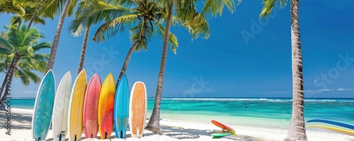 Array of brightly colored surfboards standing against palm trees on a pristine tropical beach with blue sea.